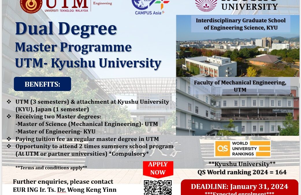 2024 Dual Degree Master Programme UTM –  Kyushu University (KYU)
